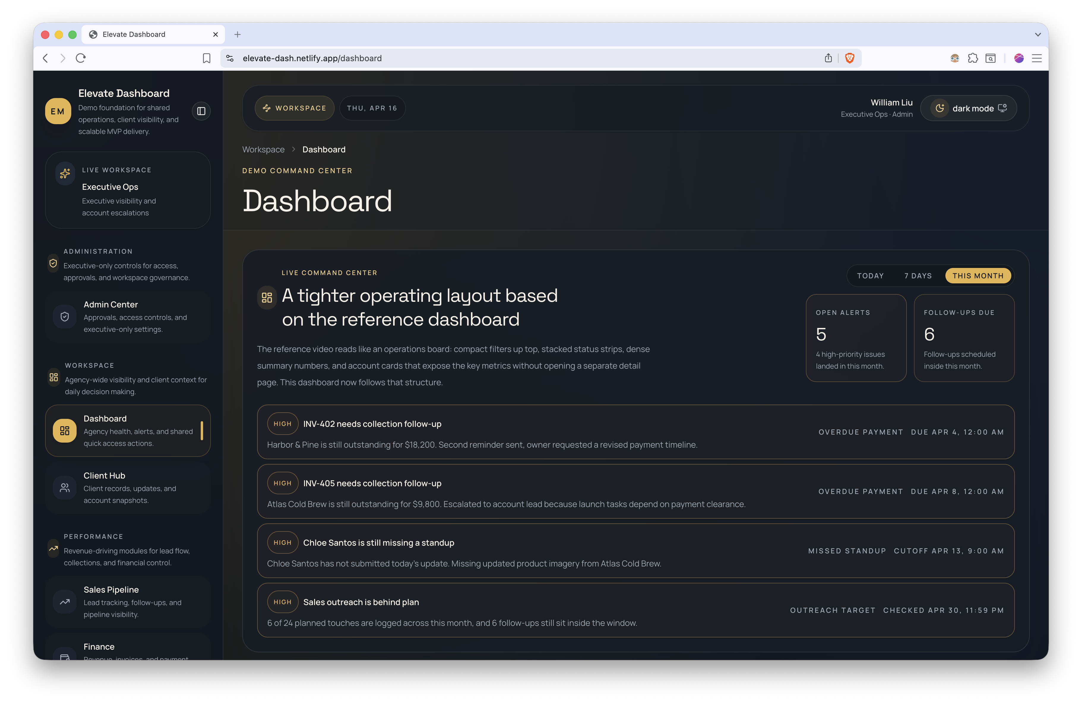 Elevate Dashboard client demo screenshot
