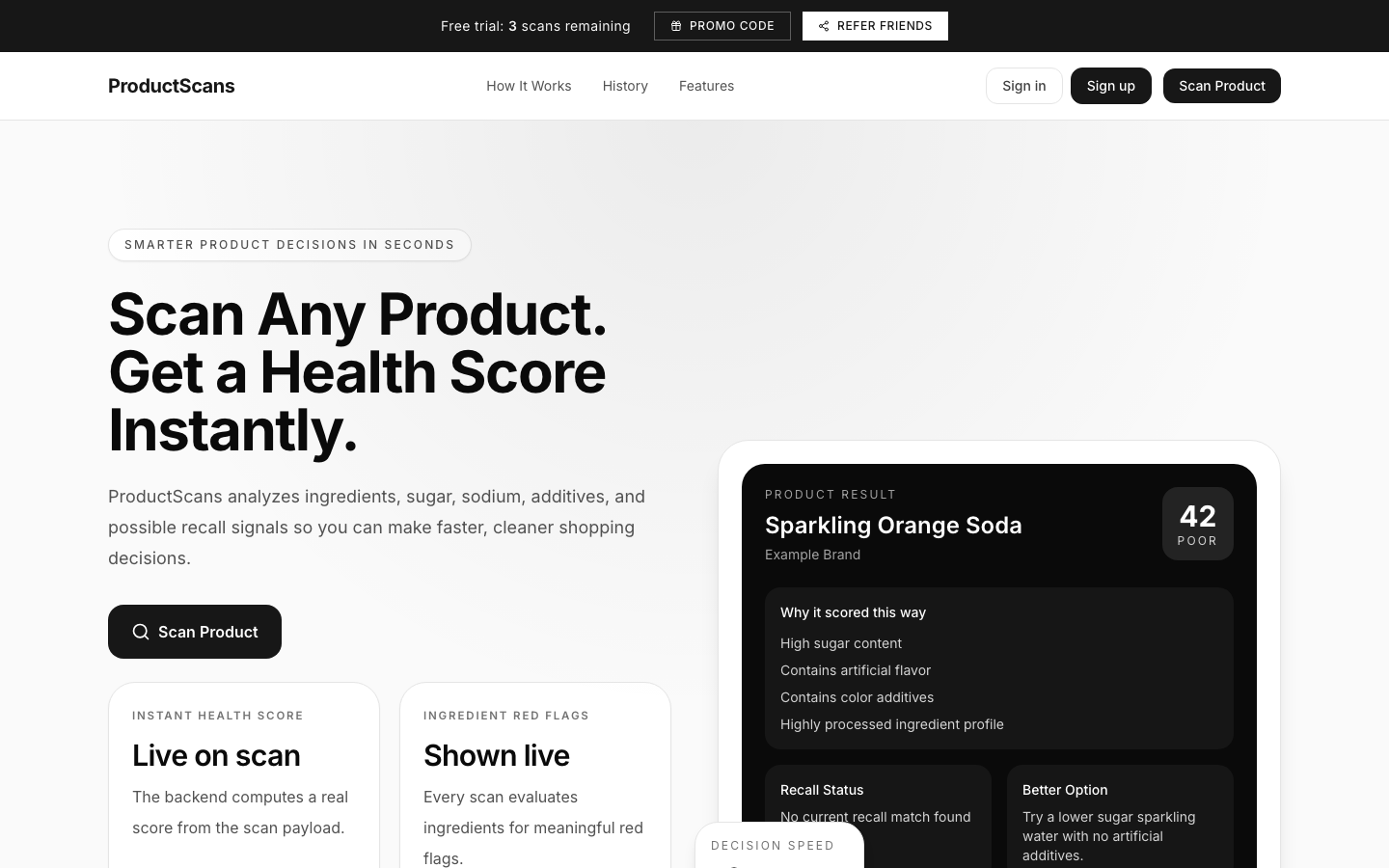 ProductScans landing page showing an example product health score
